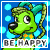 A 5-frame animated contact sheet of a green cartoon dog mascot with teal ears and curly tail, each frame featuring the text "BE HAPPY" on different colored backgrounds.