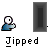 Pixel art icon of a blue-shirted figure with white head, standing before a dark door, with 'Jipped' text below; animation shows door opening to reveal a screen with colored blocks and speech bubbles.