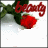 Animated icon with red roses, green leaves, and changing text above a white background with scattered red dots.