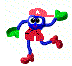 Blue cartoon character with red shorts, green gloves, and a red cap wearing an 'A' logo, shown in two sequential poses against a white background with scattered dots.