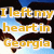 Pixelated static image with yellow text reading "I left my heart in Georgia" over a background of blue sky and dark shapes.