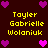Dark brown background with yellow text reading 'Toyler Gabrielle Wolaniuk' repeated in two , surrounded by pink and purple pixelated hearts