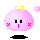 Pixelated pink blob character with black eyes, pink nose, and red X cheeks, wearing yellow headband with white rectangle, standing on black base with floating pink orbs.
