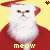 Animated contact sheet of a white cat in Santa attire with yellow background and "meow" text across five frames showing subtle facial expression changes.