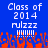 Blue background with white pixelated text 'Class of 2014' and 'rulzzz', red-orange pixelated flames below, two identical side-by-side frames.