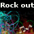 Pixelated image divided into four quadrants with text overlays: 'Rock out' top-left, 'Be creative' top-right, 'start a riot!' bottom-left in red, and empty gray bottom-right.