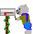 Pixelated bear avatar in green shirt and blue pants interacts with mailbox on gray background, showing multiple poses including opening mail slot.