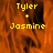 Yellow text 'Tyler + Jasmine' on orange background with black vertical stripes, three views showing different cropping and a gray
