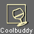 Two pixelated animated frames of a yellow martini glass icon within square borders on gray background with "Coolbuddy" text below.