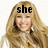 four shows a woman with long blonde hair and a white top, with text above her head changing from 'she' to 'must' to 'die'