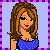 Pixel art contact sheet of two animated frames showing a cartoon woman with long brown hair in blue polka-dot top against light purple background, bordered by pink and dark blue checkered frame.