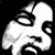 Black-and-white pixelated icon shows a stylized figure with large eyes, angular features, and a tilted head against solid black background.