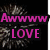 Animated buddy icon with fireworks background displaying sequential text: 'Awwwww LOVE', 'love you', and 'It's an explosion of happiness 1 MATT'.