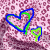 Animated heart outline icon with blue and green borders on four distinct backgrounds: pink leopard print, orange gradient, solid pink, and gray.