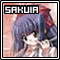 Pixelated anime-style character with long dark blue hair and red bow, wearing white clothing against pinkish background.