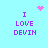 Pixelated text 'I LOVE DEVIN' in purple on light blue background with pink heart and starburst animations.
