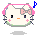 Pixel art of a white cat face with pink bow, whiskers, and blush; four variations show closed eyes and colored musical notes above.