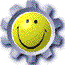 Three identical yellow smiley face icons with gray gear-like borders arranged in a contact sheet layout on a transparent background.