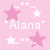 Pixelated pink background with white and light pink stars, 'Alana' text in pixel font surrounded by small plus signs.