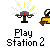 Animated sequence of a scale with yellow sparks, a brown hand holding a black-and-white object, and 'Play Station 2' text below on gray background.