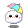 Four pixelated character icons with white rounded heads, black eyes, pink cheeks, and multicolored hair sections in pink, cyan, and yellow arranged in different configurations.