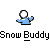 Pixel art icon of a snowman character in blue clothing with arms raised, surrounded by falling snowflakes on a gray background, with "Snow Buddy" text below.