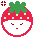 Pixelated strawberry-shaped character with green leaves, closed eyes, and a red mouth on gray background.