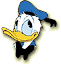 Donald Duck in blue hat and black suit with yellow beak, next to a person wearing glasses and bow tie on gray background.