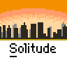 Animated contact sheet of a pixel art character in orange outfit running across cityscape background with repeated "Solitude" text labels below each frame.