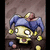 Pixelated cartoon character with blue jester hat and yellow face, standing against brown background with text reading 'The Sword Comes out After you swallow it Bgh!?!?'.