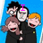 Pixelated cartoon of four characters in black uniforms against a blue background, with pink text overlays changing across frames.