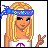 Pixel art contact sheet showing two frames of an animated AIM buddy icon: a blonde woman with a headband and peace sign on the left, and a pink calendar-like frame with "summer 04" text on the right.