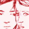 Red-toned pixelated image of a person's face repeated in a , with overlaid text phrases in dark red and black
