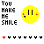 Animated contact sheet of a yellow smiley face icon with changing mouth expressions and repeated text "YOU MAKE ME SMILE" on a white background with red/black pixel borders.