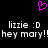 A black background displays a pink pixelated heart symbol above two identical chat messages with 'lizzie :D' and 'hey mary!!' in white pixelated text.