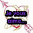 A heart-shaped icon with intertwined red and beige ribbons and arrows, displaying French and English love phrases in purple text on black bars.