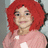 Pixelated static image of a person with bright red hair wearing a light pink top with white accents against a muted gray background.