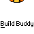 Animated contact sheet showing 15 sequential frames of a yellow stick figure character interacting with orange mechanical parts against a gray background, labeled repeatedly as "Build Buddy" text.