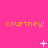 A bright pink background displays three of orange 'courtney!' text with white pixelated symbols changing between