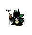Pixel art character in black robe with green accents and yellow symbol, holding brown staff, bats above head; two versions differ by bat count.