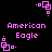 Pixelated pink text and geometric shapes on black background, with animated rotation of four corner icons.