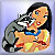 Pixelated image of a woman with long dark hair wearing a blue choker and yellow top, holding a gray and white animal against a light blue background.