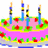 Pixelated birthday cake with pink frosting, red decorations, and blue candles; text reads 'Happy B-day To Me Aug. 5th' in bold black-and-white lettering.
