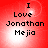 Red background with pixelated text reading "I Love Jonathan Mejia" in four identical arranged in a