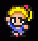 Pixelated cartoon character with blonde hair, pink bow, blue overalls, and black shoes on a black background.
