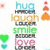 A vertical stack of pixelated text phrases in distinct colors with surrounding small icons on a white background.