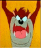 Animated cartoon character with red fur, gray face, and yellow background showing three sequential expressions: open mouthed grin, closed teeth smile, and eye-roll.