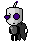 Pixelated character with purple eyes and antenna, transitioning between human-like and animalistic forms