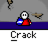 Animated contact sheet showing 25 sampled frames of a pixel art buddy icon with a white stick figure character in red and blue clothing performing sequential actions against a gray background with floating brown objects, each frame labeled "Crack" below.