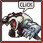 Pixel art of a monstrous creature with white and blue fur, red eyes, and sharp teeth, framed by a red border with a speech bubble reading "CLICK".
